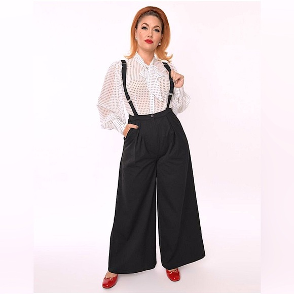 Collectif Pants - Collectif Dark Army Green Trousers Wide Leg High Rise Removable Suspenders
